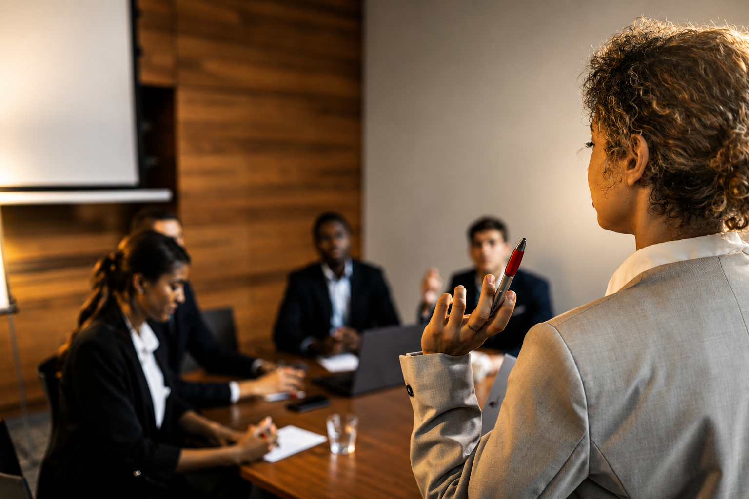 A speaker gesturing confidently while presenting to colleagues